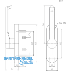 Trtreibriegel aufliegend Pfeil, rund, links, Hub 25 mm, silber eloxiert