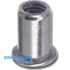 Blindnietmutter Flachkopf Unterkopfverzahnt Rundschaft offen M 8 Stahl verzinkt