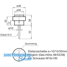 Bodentrpuffer WG,  48 mm, Hhe 38 mm, Anschlag Gummiring, silber elox.