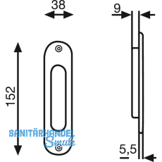Schiebetrmuschel oval 38 x 152 mm, ungelocht, Messing verchromt matt