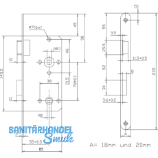 Einstemmschloss WC, rechts, DM 55, Entf. 78 mm, Stahl silber lackiert