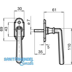 GRUNDMANN Fenstergriff ALT-WIEN 904H - sichtbar geschraubt, 7x35, Mess. poliert