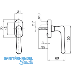 GRUNDMANN Fenstergriff WG ELEGANT - m. Rast., VK 7 x 35 mm, Messing poliert