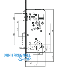 Fluchttrschloss 127 PA.D,EN 179/1125, 50/250 mm, Dorn 60 links,Edelstahl