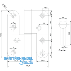 Aufschraubband B 1835 rechts, 100,2 x 86,4 x 3 mm, Edelstahl