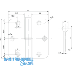 Aufschraubband B 1834 rechts, 80,3 x 82 x 2,5 mm, Edelstahl