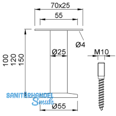 Trennwandsttze gerade, verstell. Bodenabst. 100-125mm, Aufl. 19x55 mm,Edelstahl