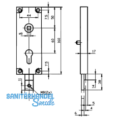Kipptorschloss gefedert, nach unten, Kasten 60x160 mm, verzinkt