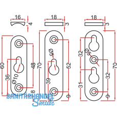 Linsen-Bettbeschlagplatte, 70 x 18 x 3 mm, 1 Schlsselloch, Stahl verzinkt