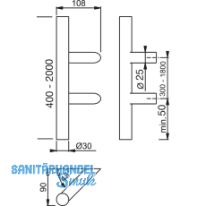 MARCHESI Stangengriff 4810 - schrg, 1200mm, LA. 900mm,  30mm, Edst. matt