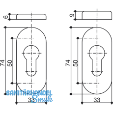 SH-Schiebe-Zylinderrosette, 33 x 74 x 9 mm, Edelstahl matt