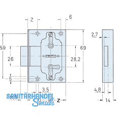 JuNie 619 Bart-Kastenschloss, Dornma 25 mm, Rckblech aus Messing