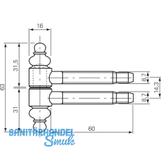 Einbohrband 2-tlg. mit Zierkopf,  16 mm, Bandh. 63 mm, Stahl vermessingt