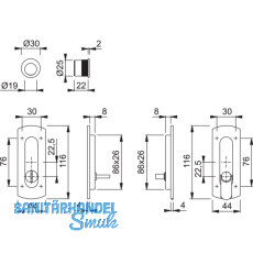Schiebetrmuschel Set -ecken abgerundet ungelocht,Messing satiniert-poliert-PVD