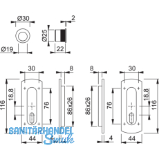 Schiebetrmuschel Set -ecken abgerundet ungelocht,Messing satiniert-poliert-PVD