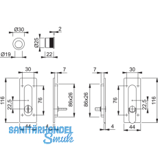 Schiebetrmuschel Set -eckig BB, Messing verchromt matt - PVD
