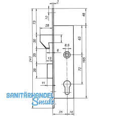 Schiebetrschloss m. Hakenfalle u. Riegel, PZW, DM 35, VK 8,5 mm,eckig,Edelstahl