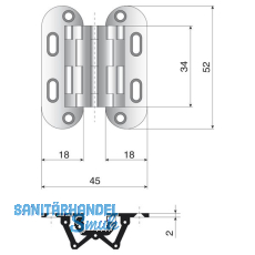 Sepa Einlass-Scharnier Hhe 88 mm, Messing vern. matt