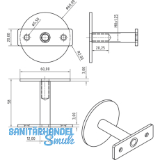 Stiegengriffsttze flach, Ros.  61 mm, Wandab. 60 mm, Edelstahl