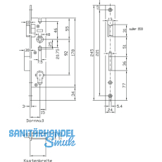 Rohrrahmenschloss Flachstulp m. Falle u. Riegel lang, PZW, DM 40, Edelstahl