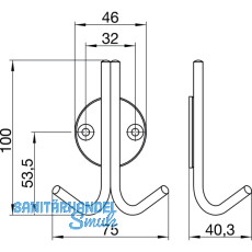 Mantelhaken Kabah mit Platte  46 mm, H 100 mm, T 40,3 mm, Edelstahl gebrstet