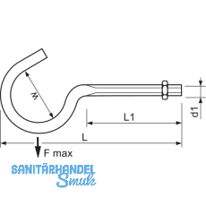 Wscheleinenhaken mit metrischem Gewinde M 8x90 verzinkt-blau mit Mutter