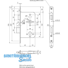 BMH Dreifallenhauptschloss 1020 PZ, links, rund, Dorn 65 mm, Edelstahl