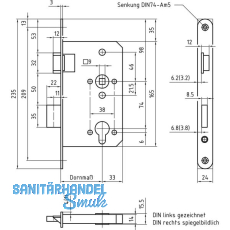 BMH Einstemmschloss 1000 Rundzylinder mit Wechsel, links, Stulp 24 mm,Edelstahl