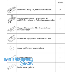HAWA Junior 40/Z Beschlagset Holz Laufschiene L=1400 mm silber HAWA Junior 40/Z Beschlagset Holz Laufschiene L=1400 mm silber