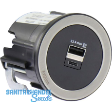 EVOline One 2fach USB Charger A+C mit Abdeckring schwarz/Edelstahl EVOline One 2fach USB Charger A+C mit Abdeckring schwarz/Edelstahl