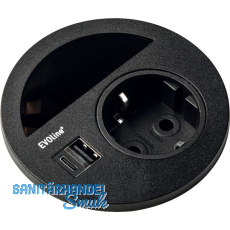 EVOline Circle80 Steckdose mit Kabeldurchgang und USB-A+C-Doppelcharger, schwarz