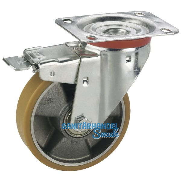 Lenkrolle m. Alufelge PU-Bereifung Totalfeststeller 200x50mm/Platte 140x110mm