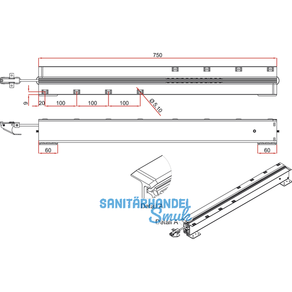 Ausziehtischfhrung ALU 77,Auszugslnge 1850 mm,Platten 2x500,Aluminium