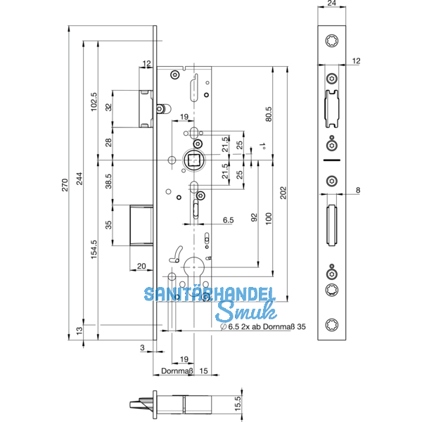 Rohrrahmenschloss BKS 1828 Flachstulp Dornma 45 mm