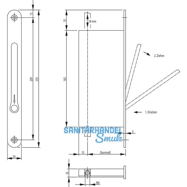 Falztreibriegel 1899, DM 35, Stulp rund 235 x 24 mm, Edelstahl