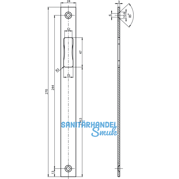 Schlieblech BKS B 9000 1046, 270 x 24 mm, Stulp flach eckig, Edelstahl