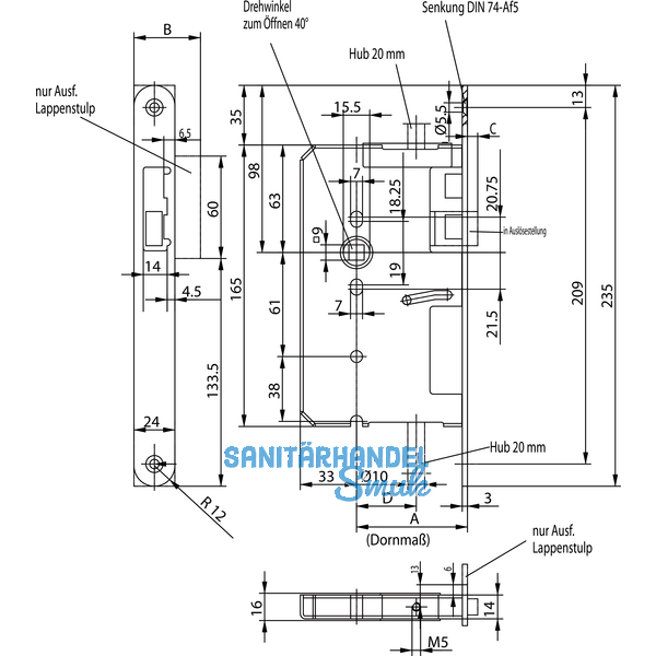 Fluchttrtreibriegel BKS 2189, rechts, DM 65, Winkelstulp 235 x 20 mm, Edelstahl
