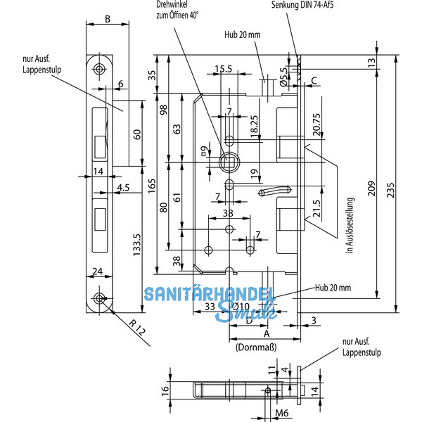 Fluchttrtreibriegel BKS 2390, rechts, DM 65, Lappenstulp 235 x 36 mm, Edelstahl