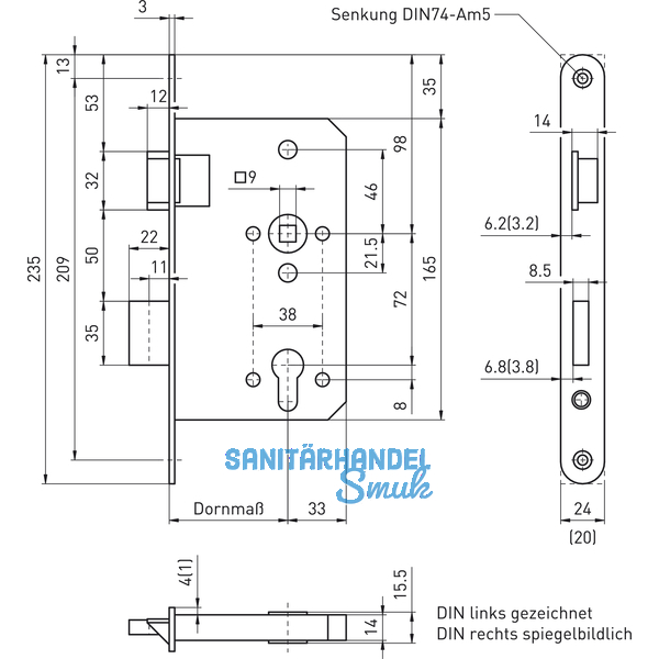 Einstemmschloss BKS 1206, rechts, DM 65, Edelstahl
