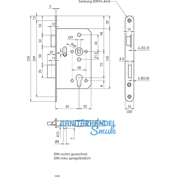 Dreifallenhauptschloss 1020 PZ, links, rund, DM 65 mm, Edelstahl