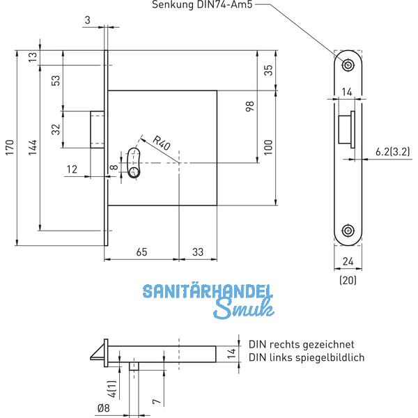 Zusatzfalle BHM 1030 1-flg. EN 179, DM 65, rechts, Stulp 170 x 24 mm, Edelstahl