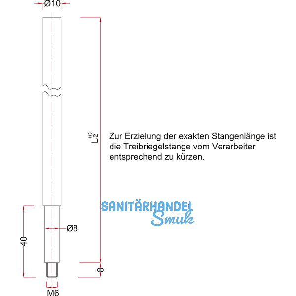Treibriegelstange BMH 1100, 1187 mm, f. unten, Stahl verzinkt
