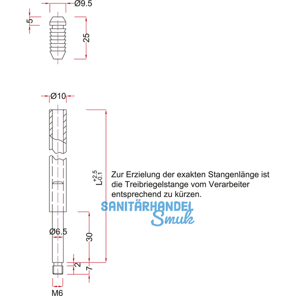 Treibriegelstange BMH 1101, 1500 mm, m. Gleitstopfen f. oben, Stahl verzinkt