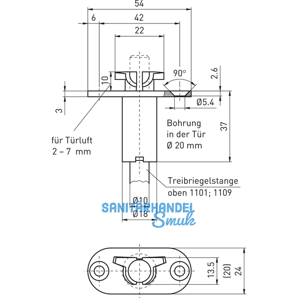 Schaltschloss BMH 1141, Stulp 54 x 20 mm rund, f. DM 65, 80,100mm,Stahl verzinkt