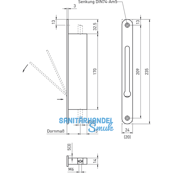 Falztreibriegel 1155, DM 30, Stulp 235 x 20 mm, Edelstahl