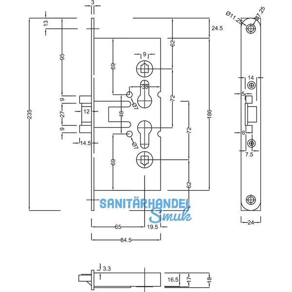 Einstemmschloss BMH 1739-R PZW nach DIN, DM 65, VK 9 mm, Stahl verzinkt