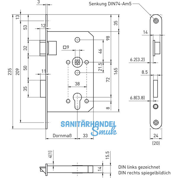 Fluchttrschloss 6028 1-flg. /EN 1125, rechts, Edelstahl Sulp 24