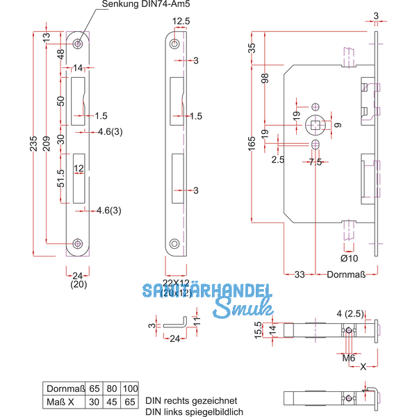 Treibriegel Rundstulp 24 mm, Dorn. 65 6130, Edelstahl