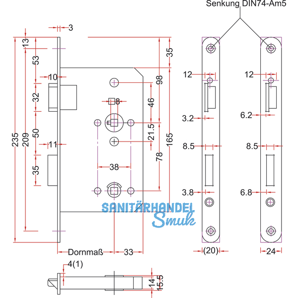 Einstemmschloss BMH Meisterstck WC, rechts, DM 65, rund, Edelstahl