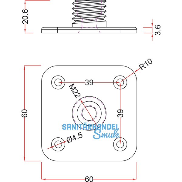 Befestigungplatte fr Dekorfu \"Torino\" 60x60 mm, Stahl